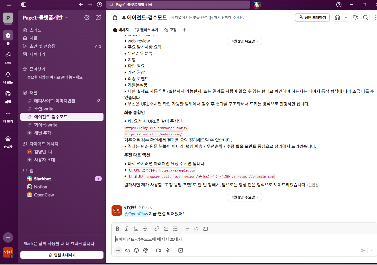 Slack 홈페이지 검수 채널